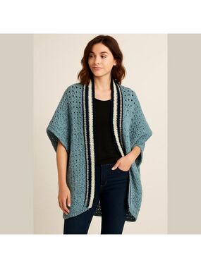 Hand crocheted handmade OSFM blue striped open cardigan cottagecore